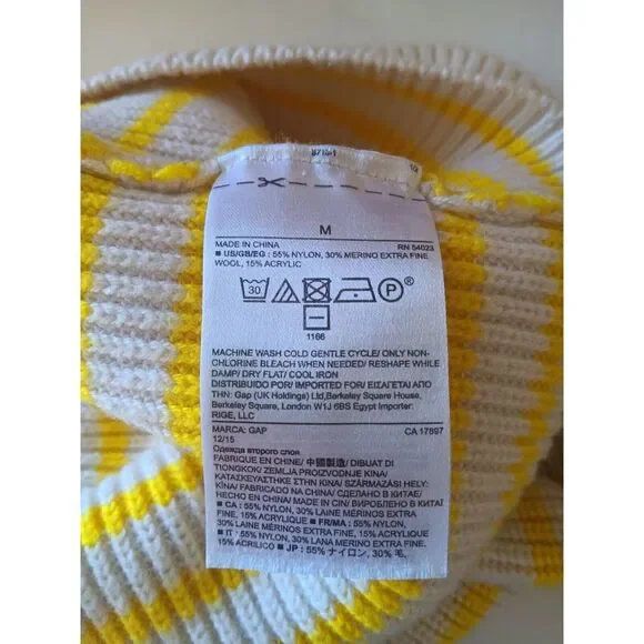 Gap Stripe Shaker‎ Sweater Yellow Cream Knit Women's Medium Merino Wool Pullover - Picture 8 of 9